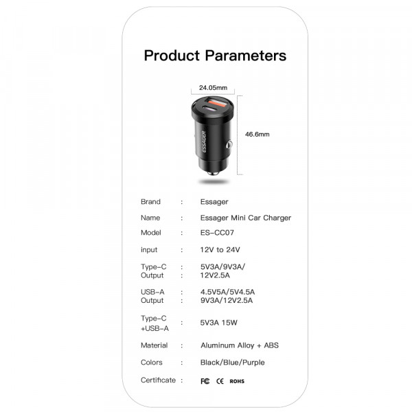 Автомобільний зарядний пристрій Essager Gyroscope Mini Charger USB-A + Type-C 30W Black (ECCAC-TL01)