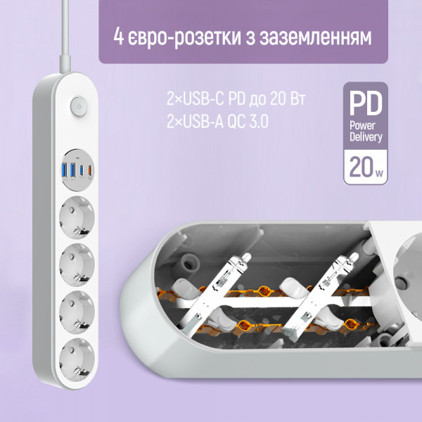 Фільтр живлення ColorWay CW-CHE44PDW 4 розетки, 4USB (Type-C PD20W + 3USB QC3.0) (45W), 2 м, White