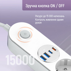 Фільтр живлення ColorWay CW-CHE44PDW 4 розетки, 4USB (Type-C PD20W + 3USB QC3.0) (45W), 2 м, White