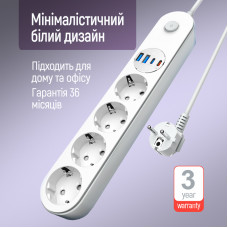 Фільтр живлення ColorWay CW-CHE44PDW 4 розетки, 4USB (Type-C PD20W + 3USB QC3.0) (45W), 2 м, White