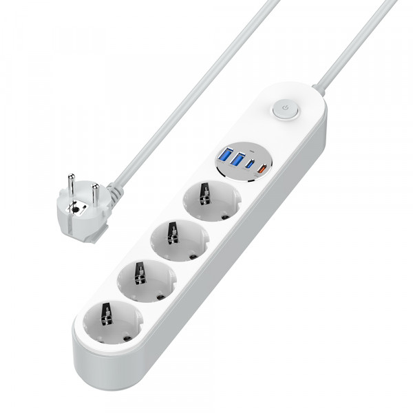 Фільтр живлення ColorWay CW-CHE44PDW 4 розетки, 4USB (Type-C PD20W + 3USB QC3.0) (45W), 2 м, White