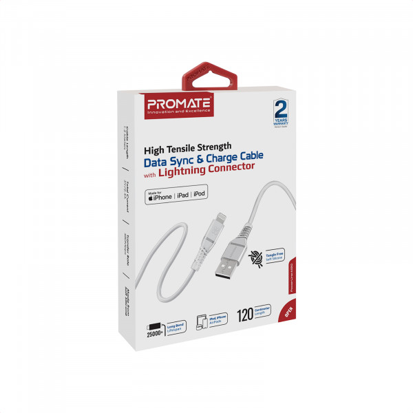Кабель Promate USB - Lightning (M/M), 2.4 A, 1.2 м, PowerLine-Ai120 White