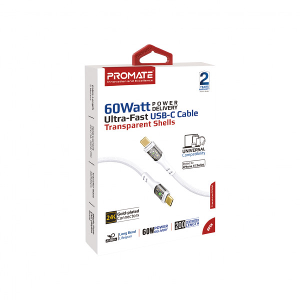 Кабель Promate USB Type-C - USB Type-C (M/M), 3 A, 60 W, 2 м, TransLine-CC200 White (transline-cc200.white)