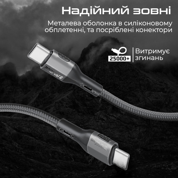 Кабель Promate USB Type-C - USB Type-C (M/M), 3A, 60W, 2 м, Black (ecoline-cc200.black)