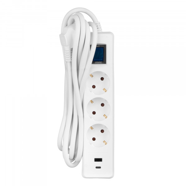 Мережевий фільтр 2E 3хSchuko, 1 х USB, 1 x USB-C, 3 м (2E-SP315M3USBWH)