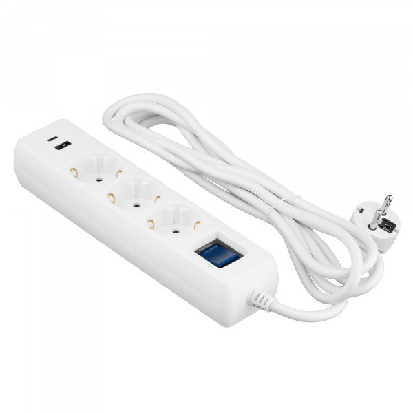 Мережевий фільтр 2E 3хSchuko, 1 х USB, 1 x USB-C, 3 м (2E-SP315M3USBWH)