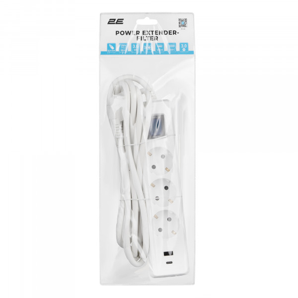 Мережевий фільтр 2E 3хSchuko, 1 х USB, 1 x USB-C, 3 м (2E-SP315M3USBWH)