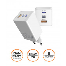 Мережевий зарядний пристрій Sigma mobile X-power 65W GaN, PD, QC (2xUSB-C + 1xUSB-A) White (PS65-01)