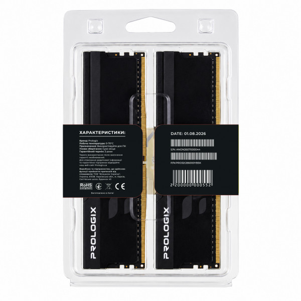 Модуль пам`ятi DDR5 2x16GB/6000 Prologix Onyx Black (PRO32GB6000YB5K)