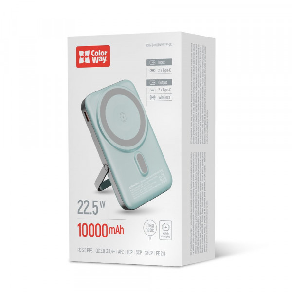 Універсальна мобільна батарея ColorWay 15W MagSafe & Watch Wireless 10000mAh Aquamarine (CW-PB100LPA2MT-WPDD)