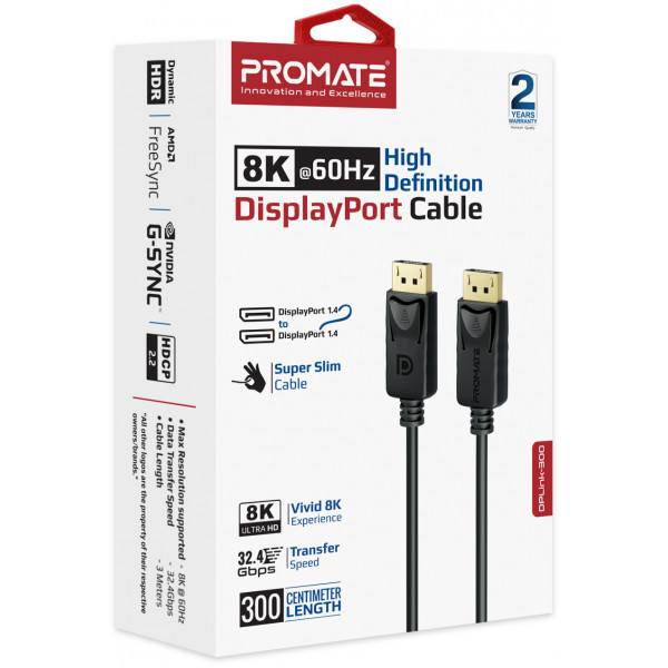 Кабель Promate DisplayPort - DisplayPort V 1.4 (M/M), 3 м, (dplink-300.black)