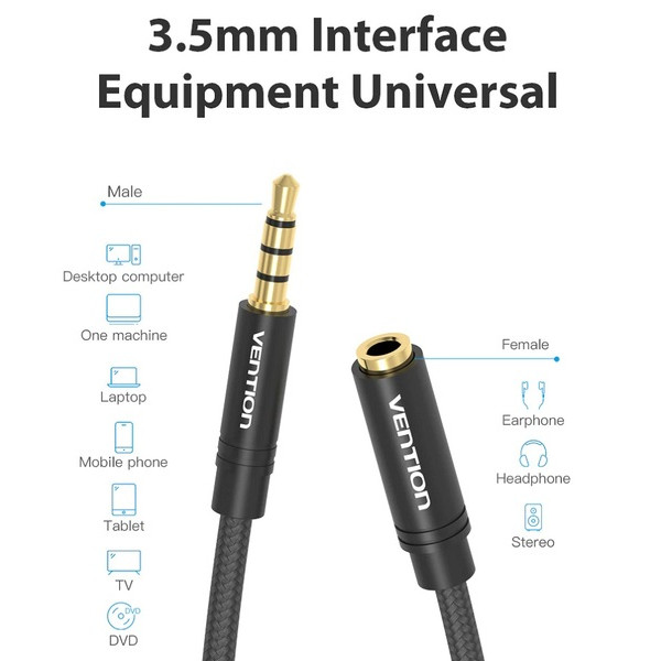 Кабель Vention 3.5 мм - 3.5 мм (M/F), 1 м, Black (VAB-B06-B100-M)