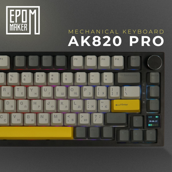 Клавіатура бездротова Epomaker AK820 Pro 75% Gift Switch Hot-Swap (2.4G/BT/USB) LCD Screen RGB UA Black (AK820-PRO-B-G)