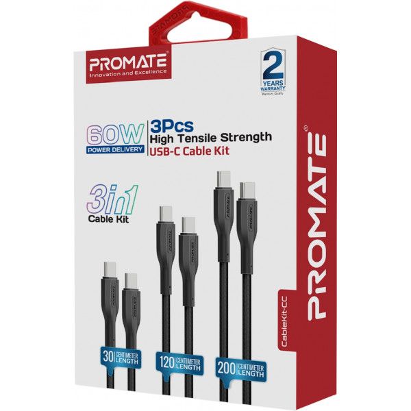 Комплект кабелів Promate USB Type-C - USB Type-C (M/M), 3A, 60W, 0.3 м, 1.2 м, 2 м Black (cablekit-cc.black)