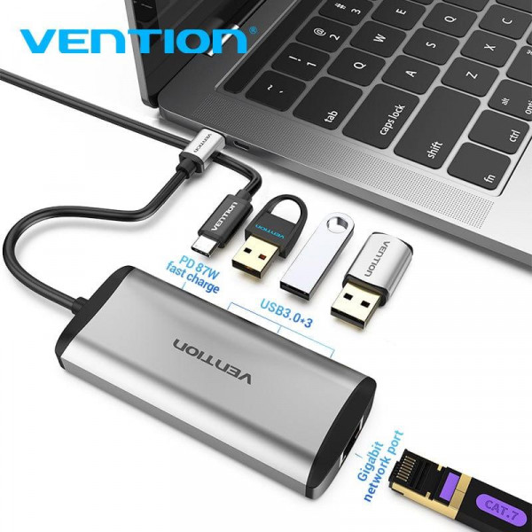 Концентратор Vention USB-C 3-Port, RJ-45, PD, 0.15 m (TGDHB)