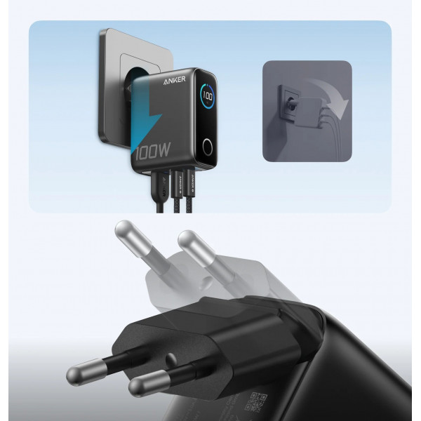 Мережевий зарядний пристрій Anker GaN Charger 100W, 2xUSB-C, 1xUSB-A, Display Dark Gray (B121BGZ1) + кабель USB Type-C