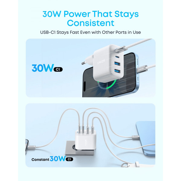 Мережевий зарядний пристрій Anker Zolo Charger 50W, 2xUSB-C, 2xUSB-A, White (A121EG21)