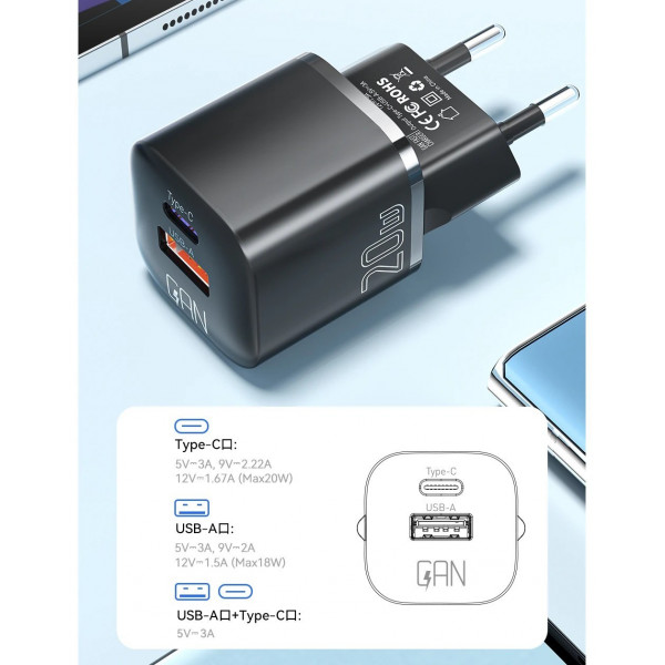 Мережевий зарядний пристрій Essager Camber 20W USB A + Type C Black (ECTAC-HMB01-P)
