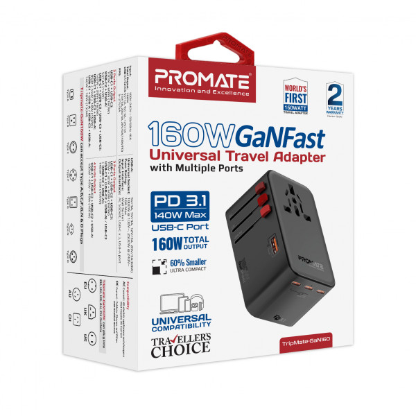 Зарядний пристрій Promate TripMate-GaN160 160W Black