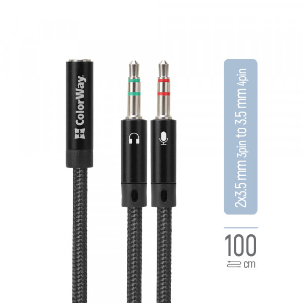 Адаптер ColorWay 3.5 мм - 2х3.5 мм (F/M), 1 м, Black (CW-AD-J2MJ)