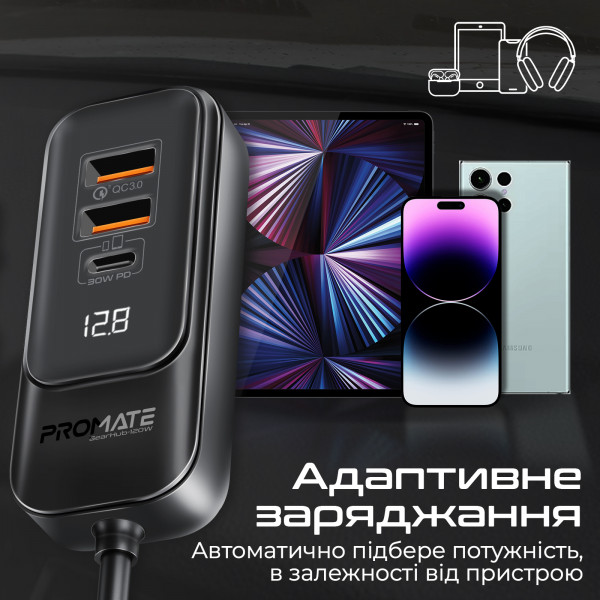 Автомобільний зарядний пристрій Promate GearHub 120W Black