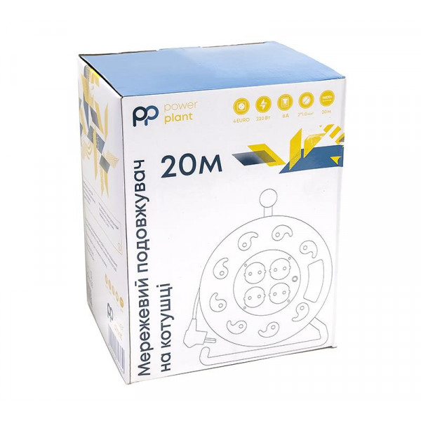 Фільтр живлення PowerPlant JY-2000/20 (PPRA08M200S4) 4 розетки, 20 м, чорний, на котушці