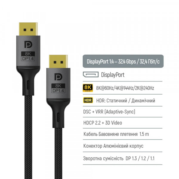 Кабель ColorWay DisplayPort-DisplayPort V1.4 8K 1.5м, Black (CW-CBDP093-BK)