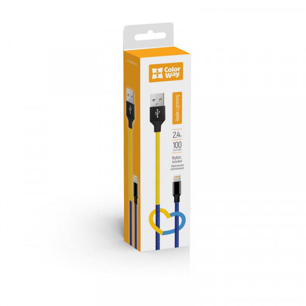Кабель ColorWay USB - Lightning (M/M), 2.4 А, 1 м, Blue/Yellow (CW-CBUL052-BLY)