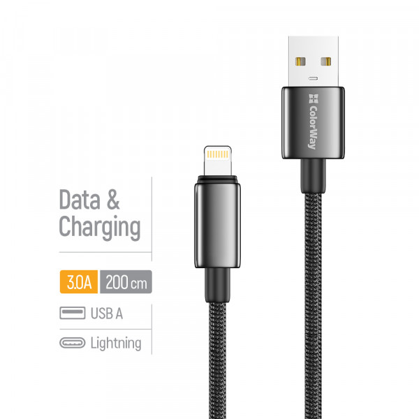 Кабель ColorWay USB - Lightning (M/M), zinc alloy braided, 3А, 2 м, Black (CW-CBUL099-BK)