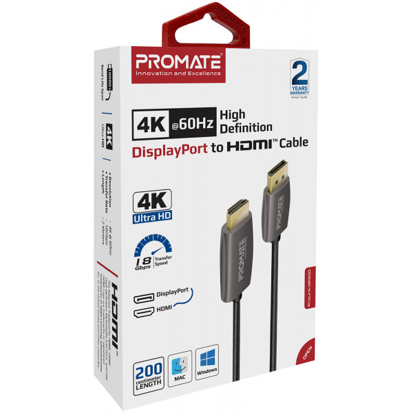 Кабель Promate DisplayPort - HDMI V 2.0 (M/M), 2 м, Black (prolink-dp200.black)