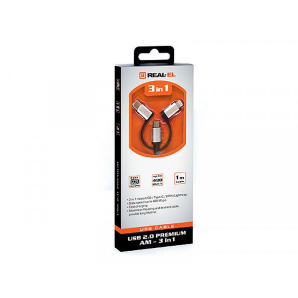 Кабель REAL-EL Premium 3in1 USB - Lightning + micro USB + USB Type-C (M/M), 1 м, чорний (EL123500035)
