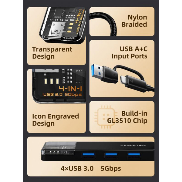 Концентратор Cabletime USB C/A - 4 Port USB 3.0, 5Gbps, 0.15 m (CB05B)