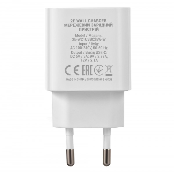Мережевий зарядний пристрій 2E (1USB 3A) 25W White (2E-WC1USBC25W-W)