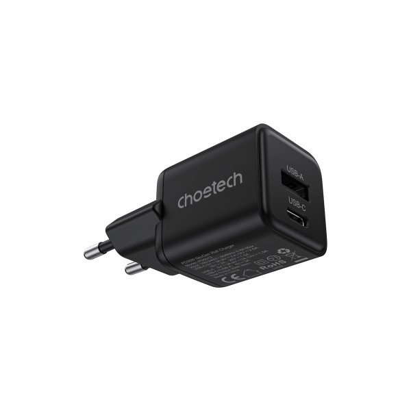 Мережевий зарядний пристрій Choetech (USB-C+USB-A) Black (PD5012-EU-BK)
