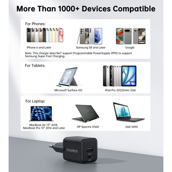 Мережевий зарядний пристрій Choetech (USB-C+USB-A) Black (PD5012-EU-BK)
