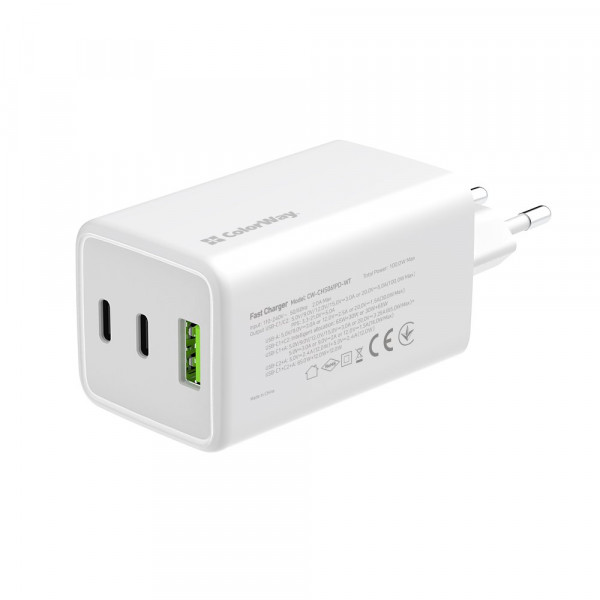 Мережевий зарядний пристрій ColorWay GaN Mini 100W PD Port PPS USB (USB-2C1A) White (CW-CHS061PD-WT)