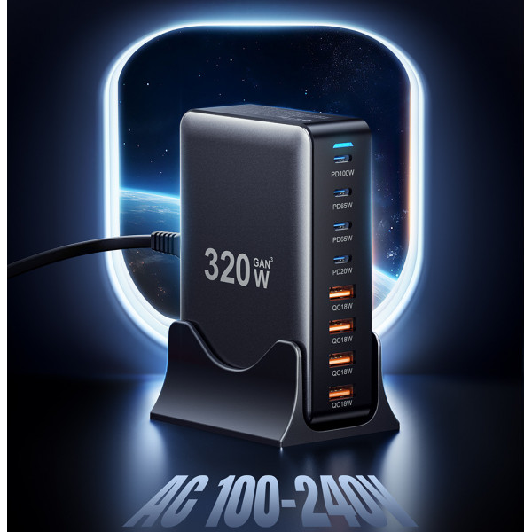 Мережевий зарядний пристрій Essager Engine 320W 4xUSB-C+4xUSB-A Black (EZC320W-QJB0G-Z)