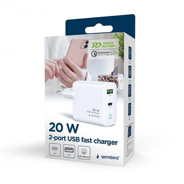 Мережевий зарядний пристрій Gembird (1USBх3A 18W + 1USB-Cх3A 20W) White (TA-UC-PDQC20L-W-01)