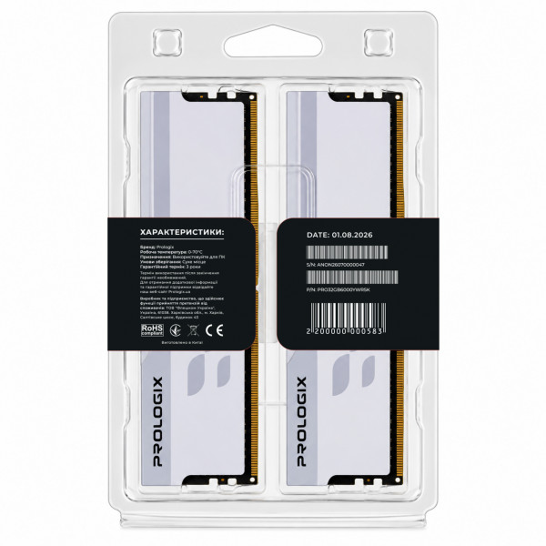 Модуль пам`ятi DDR5 2x16GB/6000 Prologix Onyx White RGB (PRO32GB6000YWR5K)