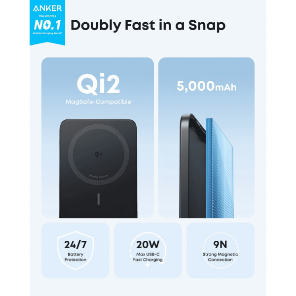 Універсальна мобільна батарея Anker Nano MagGo Slim 5000mAh 20W Black (A1665H11)