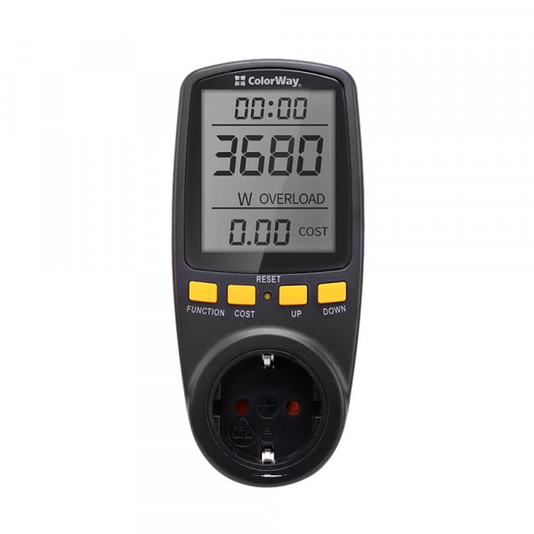 Енергометр цифровий (W/V/A/C/Hz/KWh) СolorWay для розетки (16A/3680W) (CW-VM16-02D)