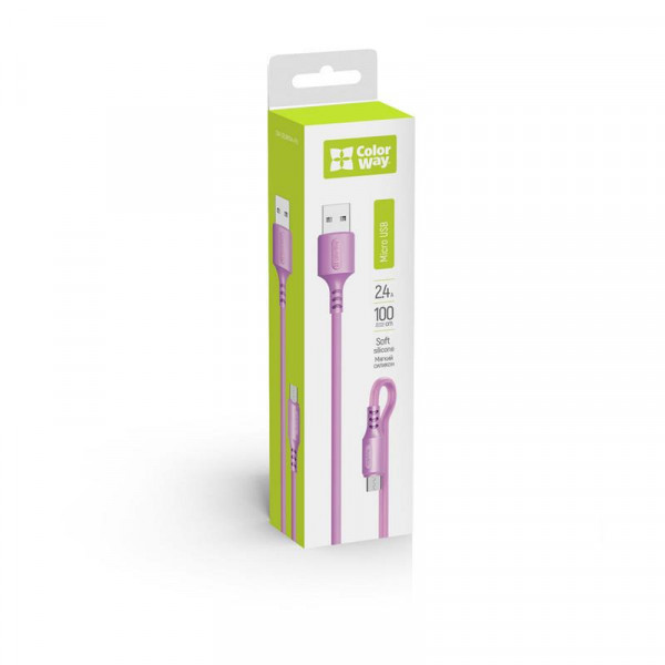 Кабель ColorWay USB - micro USB (M/M), soft silicone, 2.4 А, 1 м, Purple (CW-CBUM044-PU)