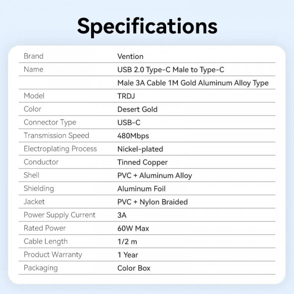 Кабель Vention USB Type-C - USB Type-C (M/M), 60W, 3A, 2 м, Copper (TRDJH)