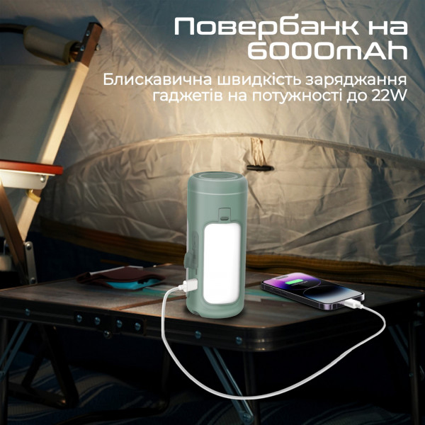 Ліхтарик кемпінговий Promate з Bluetooth колонкою та вбудованим повербанком на 6000 мАг Green (campmate-4)