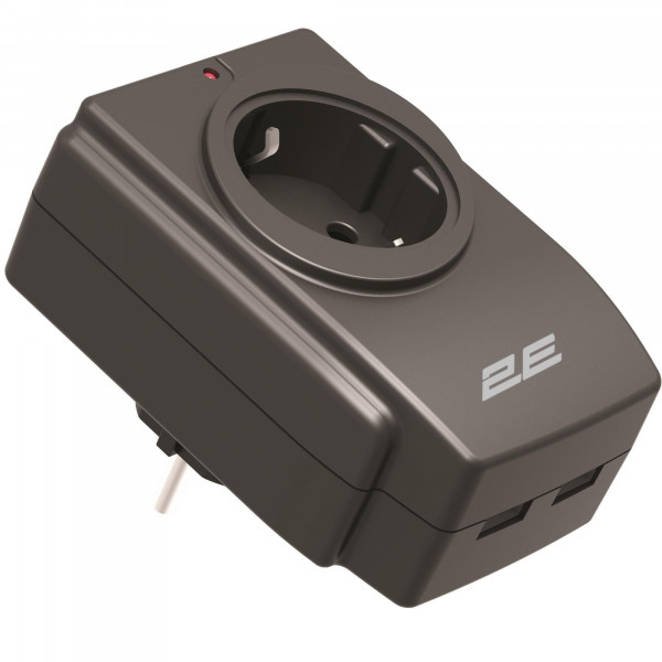 Мережевий адаптер 2E 1xТип F, 16A, 2xUSB-A, чорний (2E-AD120U)