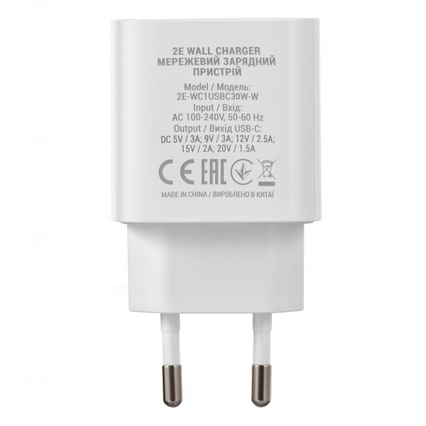 Мережевий зарядний пристрій 2E (1USB 3A) 30W White (2E-WC1USBC30W-W)