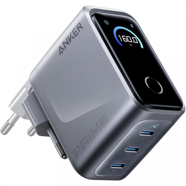 Мережевий зарядний пристрій Anker GaN Prime Charger 160W, 3xUSB-C, Display Silver (A2687341)
