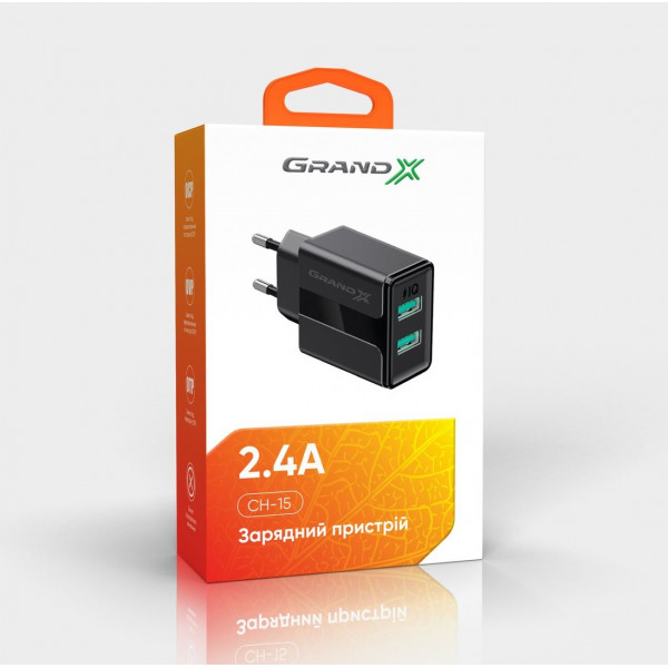 Мережевий зарядний пристрій Grand-X CH-15B (2xUSB 2.4A) Black