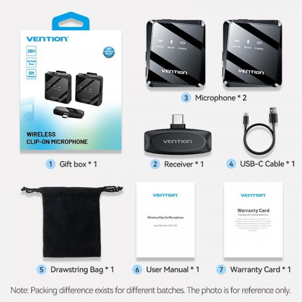 Мікрофон Vention USB Type-C 2-Pack Wireless Lavalier Black (NCBB0)