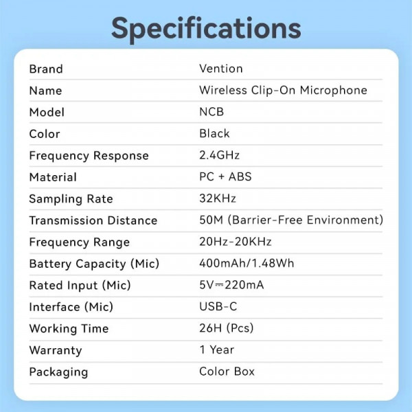 Мікрофон Vention USB Type-C 2-Pack Wireless Lavalier Black (NCBB0)